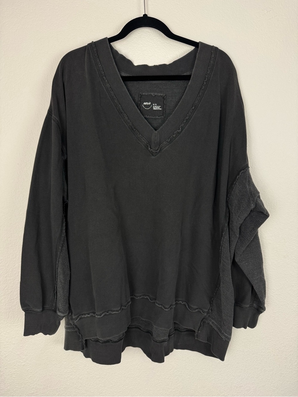 Aerie Dark Charcoal Grey V Neck Oversized Pullover Sweatshirt Sweater